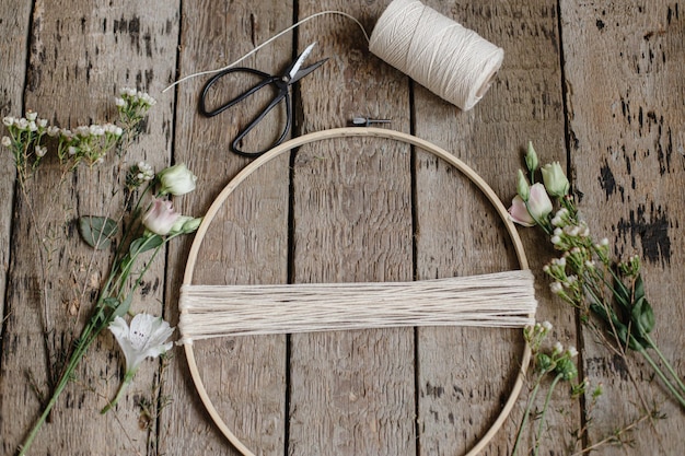 Hoop with floral embroidery on linen